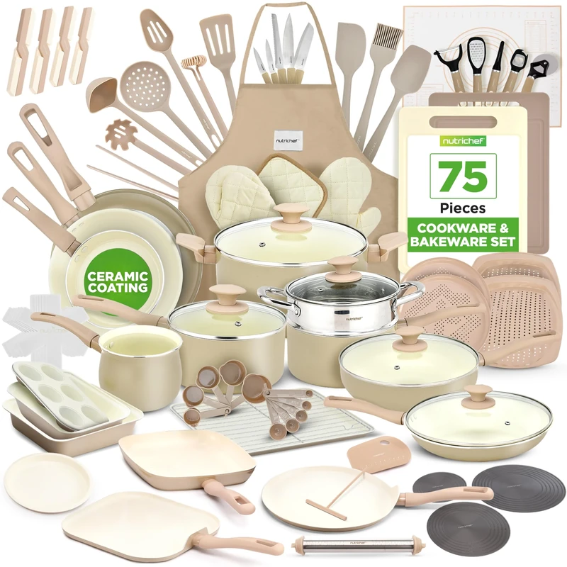 NutriChef Pots and Pans Set, Nonstick Cookware 75-Piece, Ceramic Pan Collection with Bakeware, Knife Kit, Food-Grade Safe, Stain-Resistant, Cream/Brown, Oven Safe to 190°C