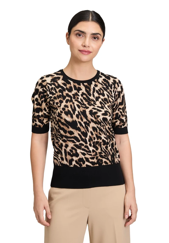 Betty Barclay Women's Fine Knit Jumper with Animal Print, Black/Beige, 16