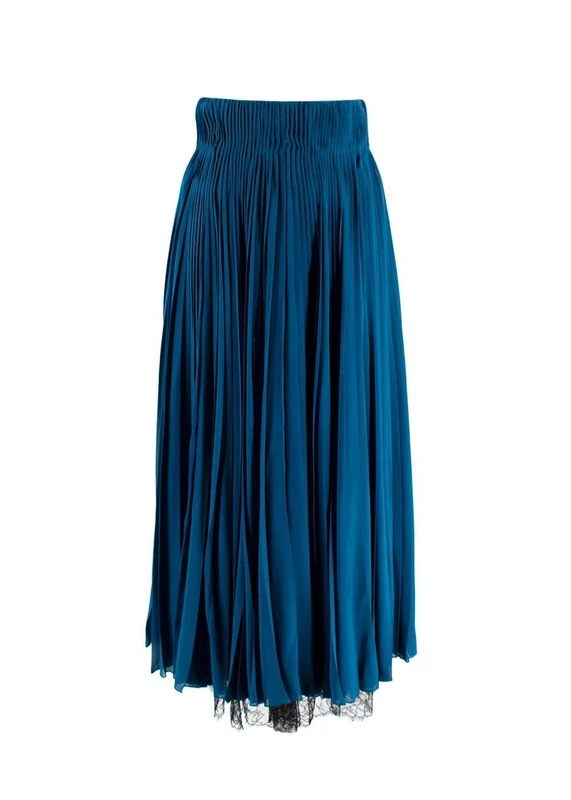 Dior Pre-Loved Christian Teal Silk and Black Lace Pleated Midi Skirt