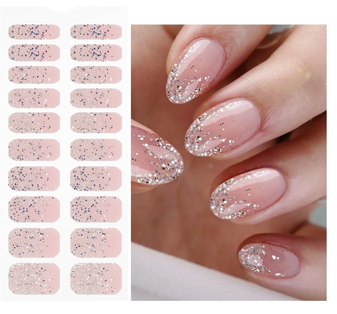 JMEOWIO Gel Nail Stickers Glitter Light Pink Semi Cured Gel Nail Strips Wraps UV/LED Nails Art Design Decoration Accessories