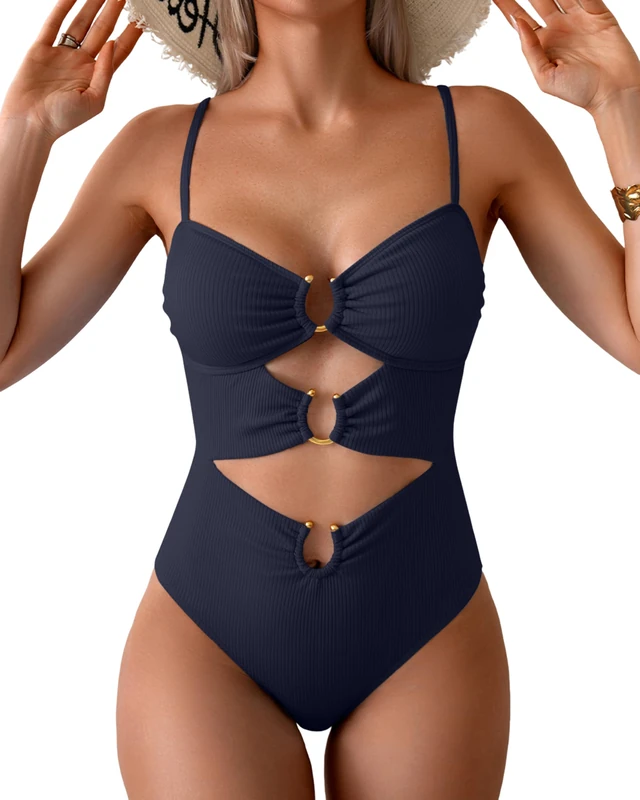 Eomenie One Piece Swimsuit for Women Ring Linked Monokini Sexy Bathing Suit Cutout Swim Suit, Navy Blue Ribbed, Large