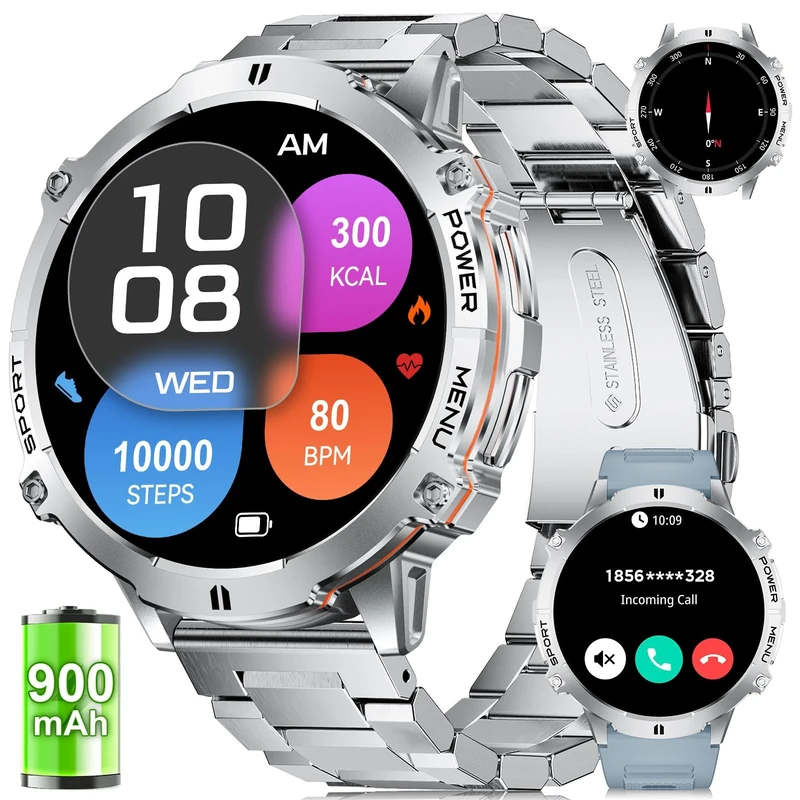 LIGE Military Smart Watchwith 900mAh Battery(80+Standby),1.73" AMOLED with Compass Altitude and Barometric Pressure,110+ Sports Mode Tactical Fitness Tracker/Bluetooth Call Android iOS Smartwatch