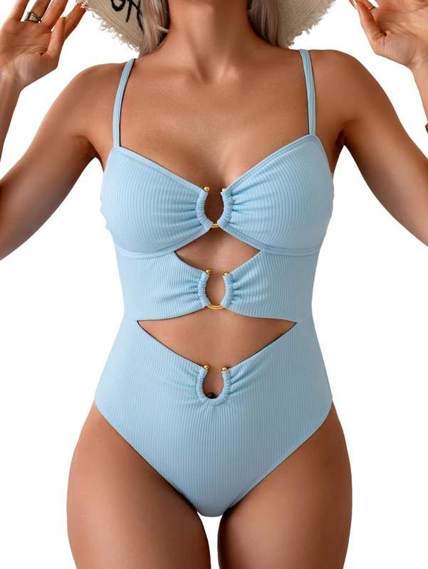 Eomenie One Piece Swimsuit for Women Ring Linked Monokini Sexy Bathing Suit Cutout Swim Suit, Light Blue Ribbed, S