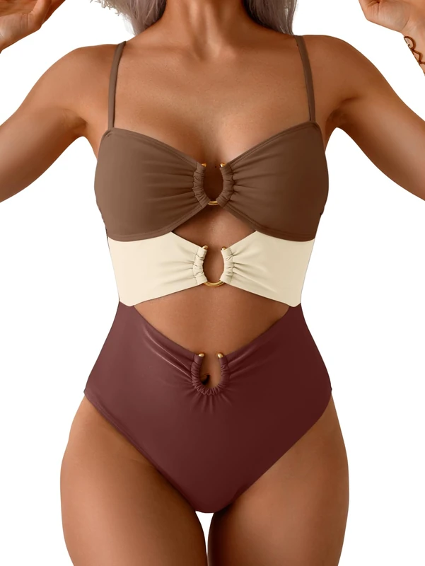 Eomenie One Piece Swimsuit for Women Ring Linked Monokini Sexy Bathing Suit Cutout Swim Suit, Dark Brown Color Block, Medium