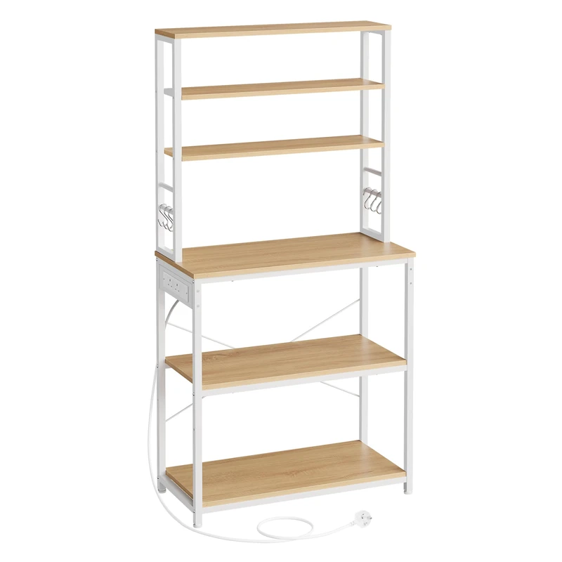 VASAGLE Baker's Rack with Power Outlet, Coffee Bar for Kitchen with Storage, 6-Tier Kitchen Shelves with 6 Hooks, Microwave Stand, 40 x 80 x 167 cm, Golden Oak and Cloud White KKS119Y04