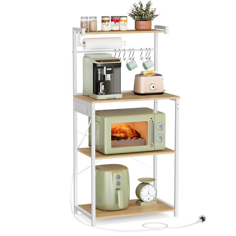VASAGLE Kitchen Bakers Rack with Power Outlet, 4-Tier Coffee Bar with Adjustable Shelf, Microwave Stand, Paper Towel Holder, 40 x 60 x 140 cm, Golden Oak and Matte White KKS014Y04 - Image 1