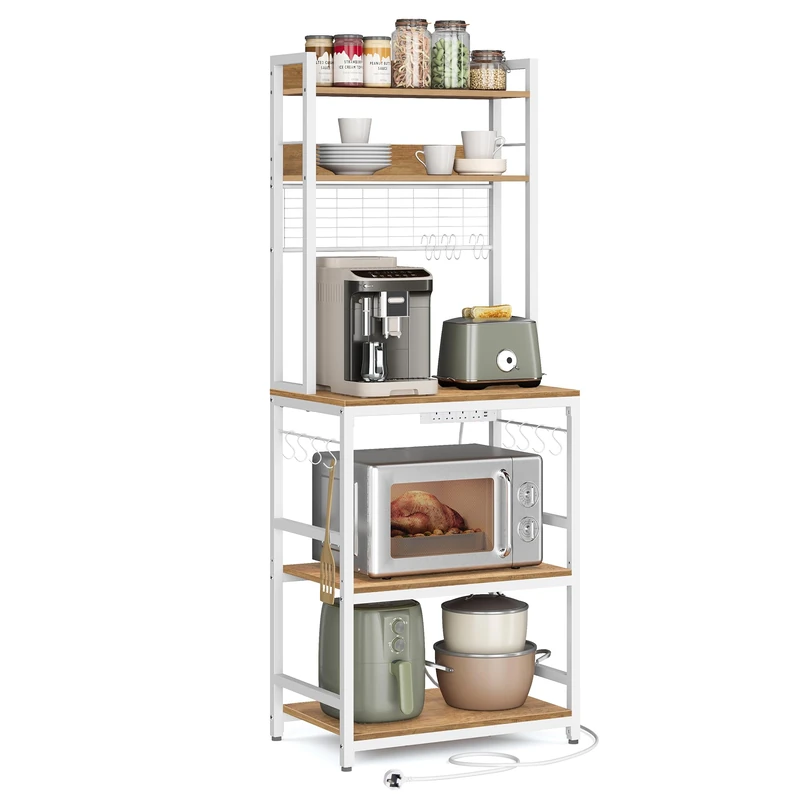 VASAGLE Kitchen Storage Rack with Power Outlet, Coffee Bar, Baker's Rack, with Metal Wire Panel, 14 Hooks, for Microwave, Steel Frame, 40 x 60 x 170 cm, Rustic Walnut and White KKS037W42