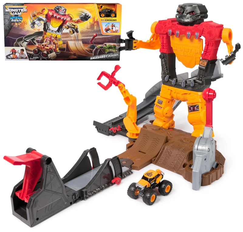 Monster Jam Smash & Bash SmashBot Playset with Launcher, Exclusive 1:64 Scale Monster Truck, 15-Inch Repairable Robot, Kids Toys for Boy and Girls Age 3 and up