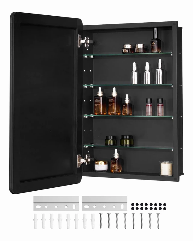 VEVOR Medicine Cabinet, 20 x 30 inch, Medicine Cabinet for Bathroom with Mirror, Aluminum Frame Bathroom Wall Cabinet, 4-layer Adjustable Shelves, Recessed & Wall-mounted Installation