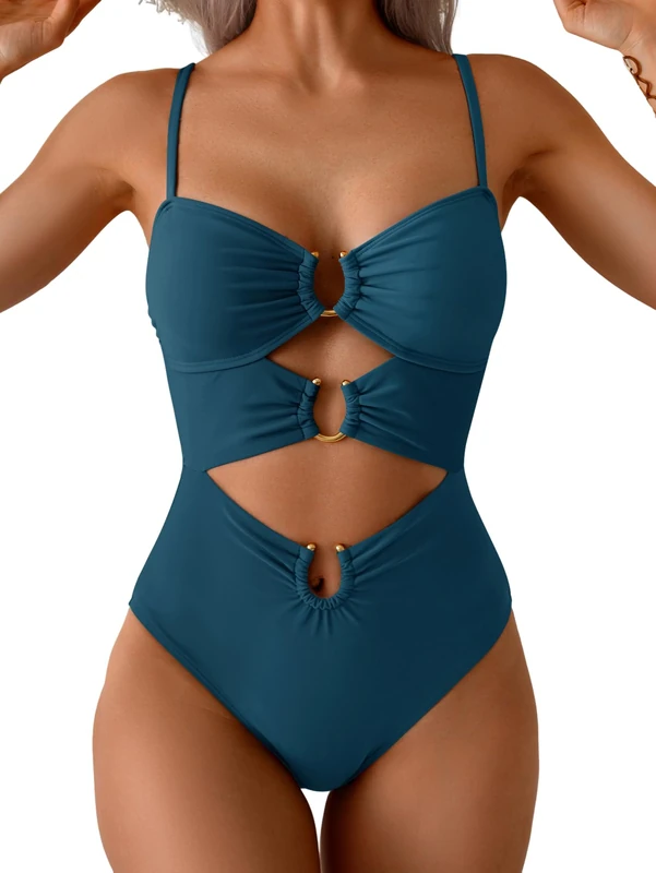 Eomenie One Piece Swimsuit for Women Ring Linked Monokini Sexy Bathing Suit Cutout Swim Suit, Peacock Green, Large