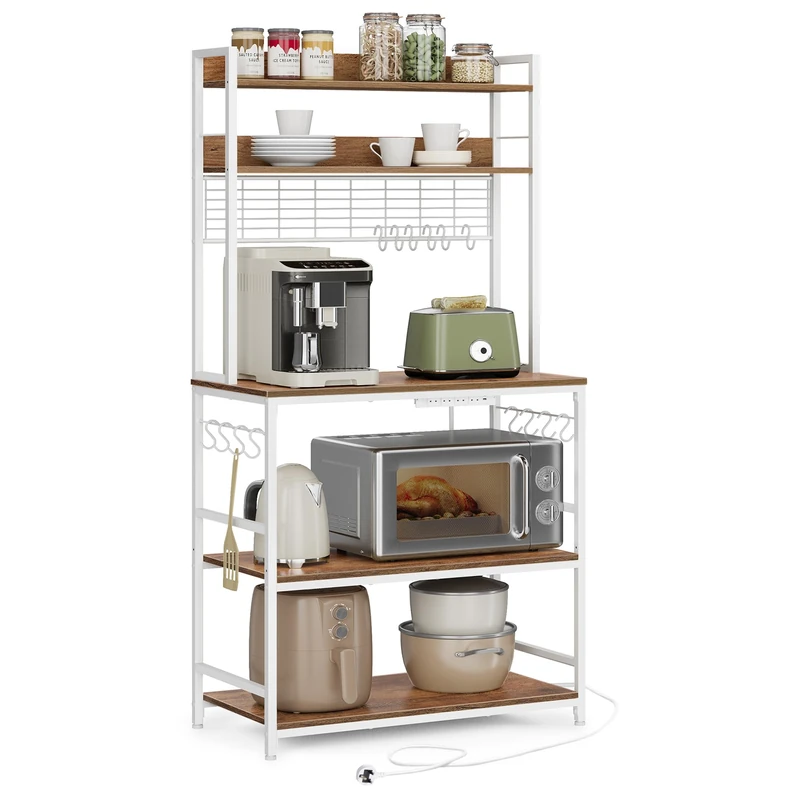 VASAGLE Kitchen Storage Rack with Power Outlet, Coffee Bar, Baker's Rack, with Metal Wire Panel, 14 Hooks, for Microwave, Steel Frame, 40 x 80 x 170 cm, Rustic Walnut and White KKS025W42