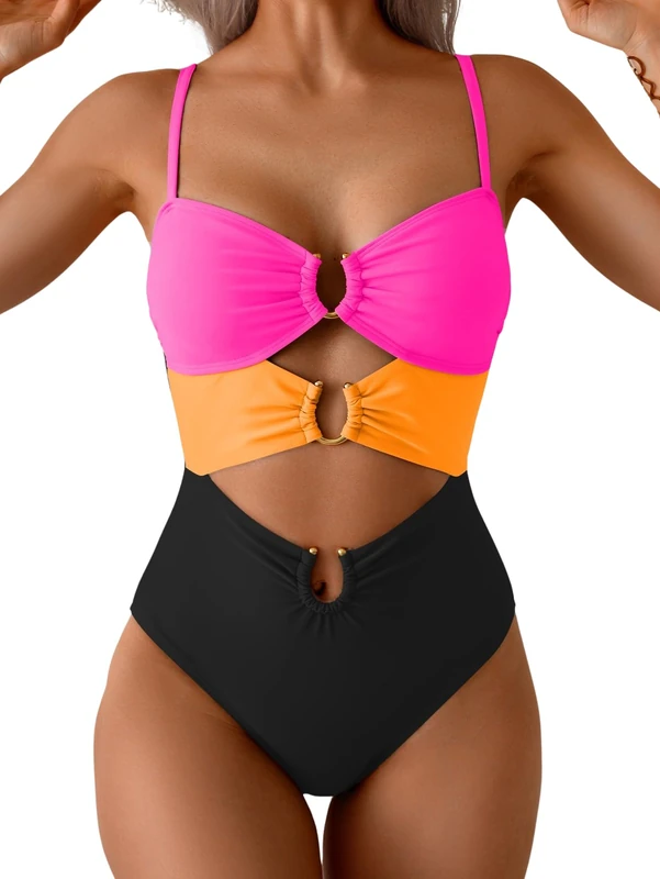 Eomenie One Piece Swimsuit for Women Ring Linked Monokini Sexy Bathing Suit Cutout Swim Suit, Hot Pink Orange Black, S