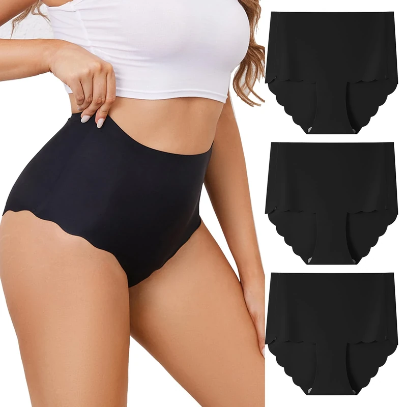 Anntry Seamless Underwear for Women No Show High Waisted Knickers Tagless Wave Edge Full Coverage Ladies Panties 3 Pack Black