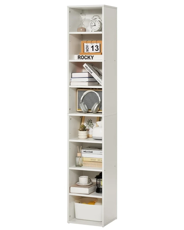 VEVOR 8 Tiers Narrow Bookshelf, 71 in Wooden Tall Open Bookcase with Height-Adjustable Shelf, Freestanding Display Storage Floor Bookcase Bookshelf for Library, Bedroom, Living Room, Office, White
