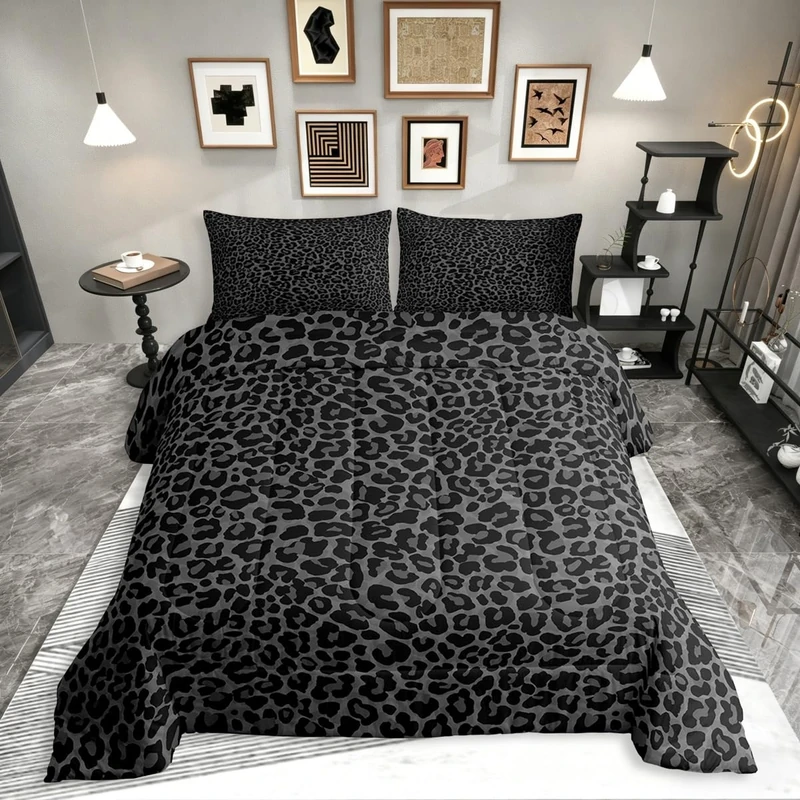 Erosebridal Cheetah Print King Size Comforter Set for Adult Women 3 Pieces Leopard Print Bedding Set for All Seasons African Animal Wildlife Cheetah Bed Set for Grils Room Decor,Modern Black Gray
