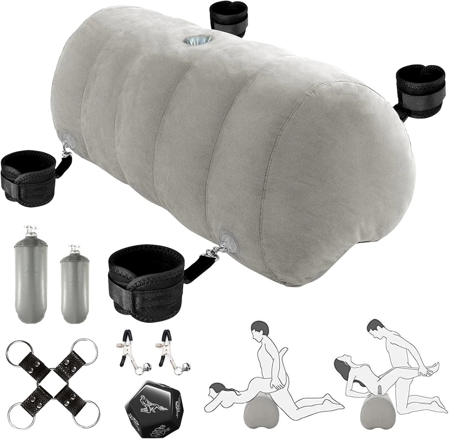 Sex Position Pillow Couples Sex Toys, Heart Shaped Sex Cushion Furniture for Bedroom Inflatable Wedge, Upsize Dildo Toy Mount with Adult Cuffs Cross Strap Nipple Clamps