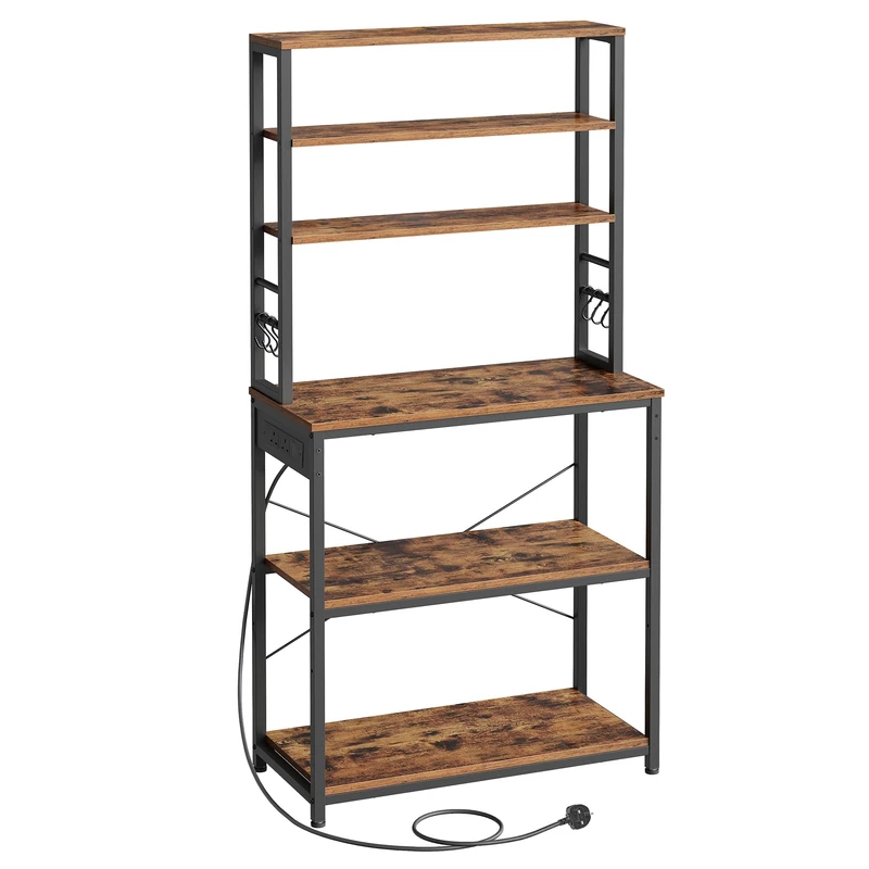 VASAGLE Baker's Rack with Power Outlet, Coffee Bar for Kitchen with Storage, 6-Tier Kitchen Shelves with 6 Hooks, Microwave Stand, 40 x 80 x 167 cm, Rustic Brown and Ink Black KKS119K03