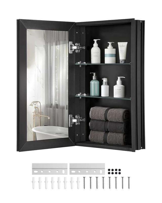 VEVOR Medicine Cabinet, 14 x 24 inches, Medicine Cabinet for Bathroom with Mirror, Aluminum Frame Bathroom Wall Cabinet, 2-layer Adjustable Shelves, Recessed & Wall-mounted Installation