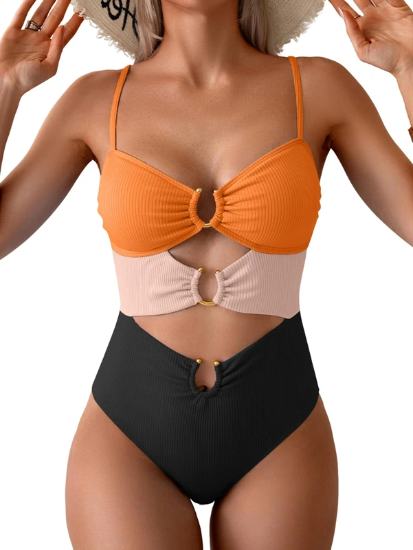 Eomenie One Piece Swimsuit for Women Ring Linked Monokini Sexy Bathing Suit Cutout Swim Suit, Orange Pink Black Ribbed, S