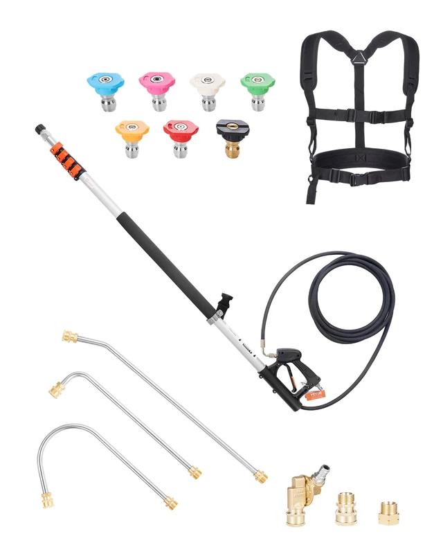 VEVOR Pressure Washer Telescoping Wand, 24 ft, 4000 psi, Telescopic Spray Wand with Power Washer Extension Wands, Gutter Cleaner, Pivoting Coupler, 7 Spray Nozzle Tips and Adjustable Support Harness