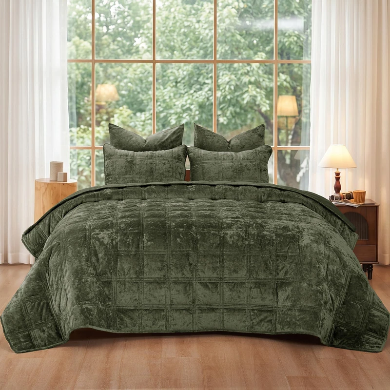 PHF Ultra Soft Velvet Quilt Set Twin Size 68" x 92" - 2PCS Luxurious Cozy with Diamond Pattern, Breathable Quilted Bedspread, Home Decor Gift, 1 Coverlet with 1 Matching Sham, Smokey Olive