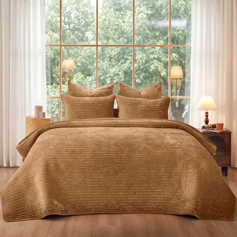 PHF Luxury Velvet Quilt Set Twin Size - 2PCS Ultra Soft with Striped Channel, Cozy Quilted Bedspread, Heirloom Gift, 1 Coverlet with 1 Matching Sham, 68" x 92", Rusty Burnt Orange