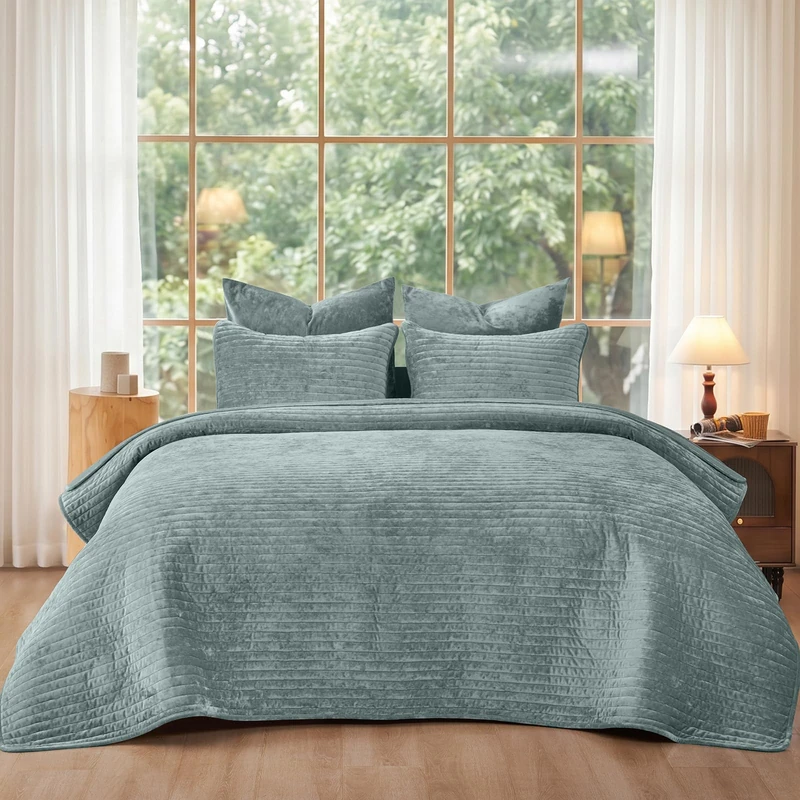 PHF Luxury Velvet Quilt Set Twin Size – 2PCS Ultra Soft Quilted Comforter Alternative with Striped Channel, Cozy Quilted Bedspread, 1 Coverlet with 1 Matching Sham, 68" x 92", Dusty Blue