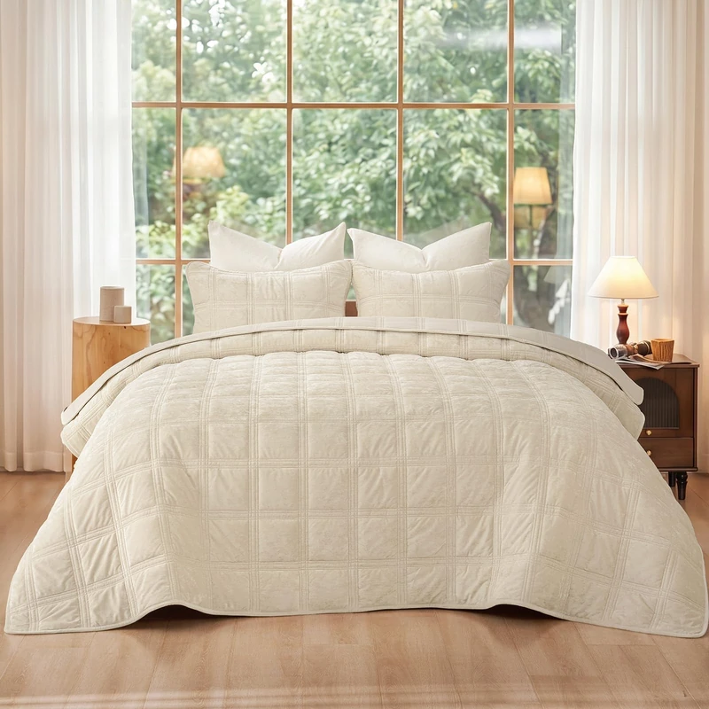 PHF Ultra Soft Velvet Quilt Set King Size 108" x 92" - 3PCS Luxurious Cozy with Diamond Pattern, Breathable Quilted Bedspread, Home Decor Gift, 1 Coverlet with 2 Matching Shams, Sand