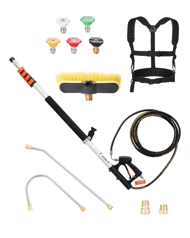 VEVOR Pressure Washer Telescoping Wand, 18 ft, 4000 psi, Telescopic Spray Wand with Power Washer Extension Wands, Gutter Cleaner, Brush Head, 5 Spray Nozzle Tips, Adapter and Adjustable Support Belt