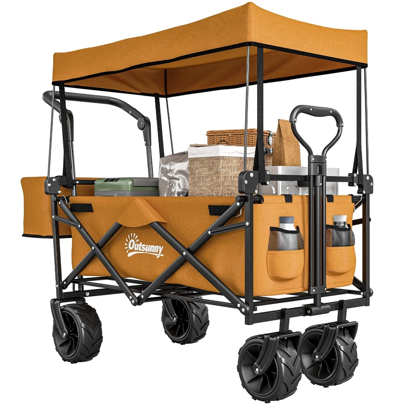 Outsunny 120L Festival Trolley on Wheels, Folding Camping Trolley Cart with Removable Canopy, All-Terrain Wheels, Adjustable Handle, Push or Pull for Garden Beach Fishing Shopping, Orange