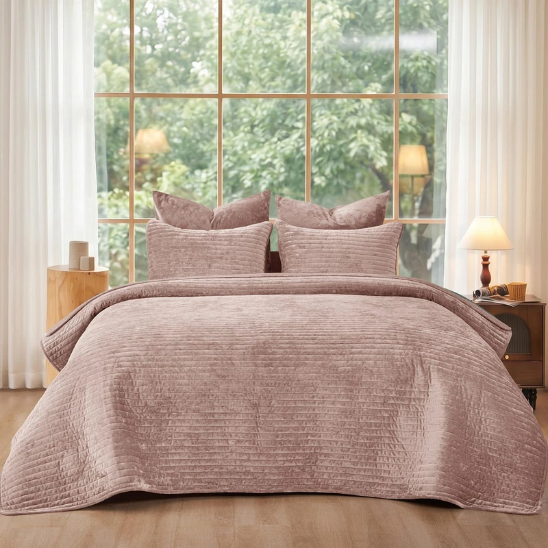 PHF Luxury Velvet Quilt Set King Size - 3PCS Ultra Soft with Striped Channel, Cozy Quilted Bedspread, Heirloom Gift, 1 Coverlet with 2 Matching Shams, 108" x 92", Rose Pink