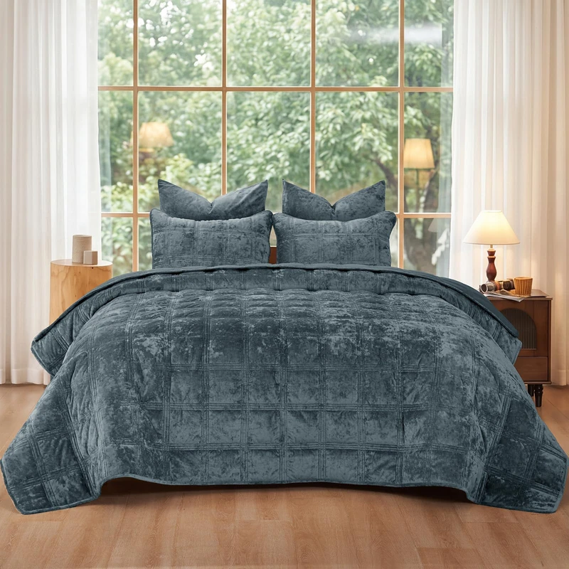PHF Ultra Soft Velvet Quilt Set Queen Size – 3PCS Luxurious Cozy Quilted Comforter Alternative with Diamond Pattern, Warm Quilted Bedspread Coverlet, 90" x 92", Stormy Blue