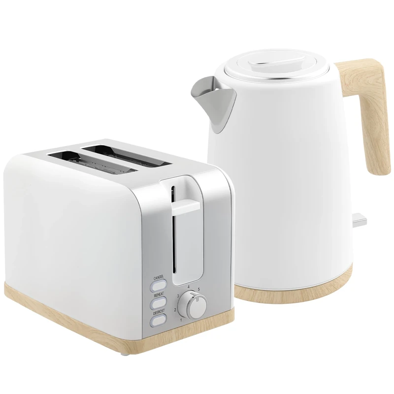 HOMCOM Stainless Steel Kettle and Toaster Set, 1.7L 3000W Fast Boil Kettle & 2 Slice Toaster Kitchen Set with 7 Level Browning Controls, Defrost, Reheat, Auto Off, Boil-Dry Protection, White