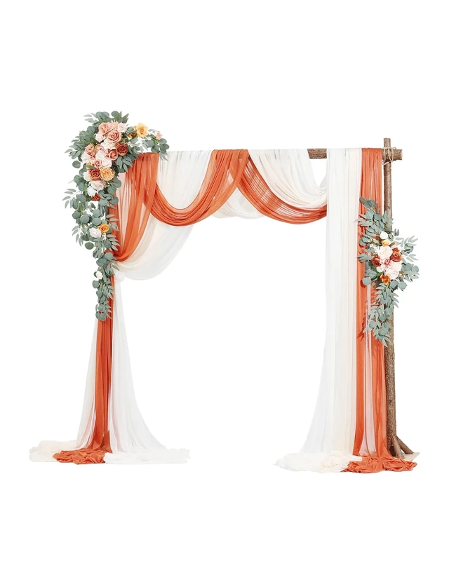 VEVOR Artificial Wedding Arch Flowers Kit, Orange Wedding Arch Flowers with Drapes Kit (Pack of 5) - 2 Pcs Floral Arrangement, 3 Pcs Sheer Drapes, for Ceremony Bouquets Reception Backdrop Decoration