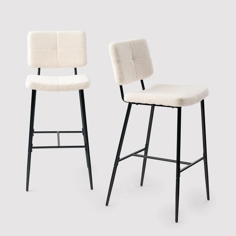 MEUBLE COSY Bar Stools Set of 2, Kitchen Breakfast Bar Chairs with Backrest Footrest, 75 cm Tall Seat, Steel Frame, Boucle Fabric Upholstered, Beige