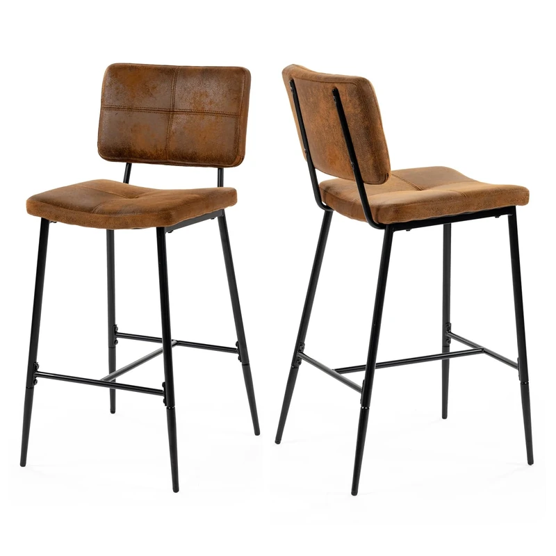 MEUBLE COSY Bar Stools Set of 2, Kitchen Breakfast Bar Chairs with Backrest Footrest, 75 cm Tall Seat, Steel Frame, Suede Upholstered, Brown