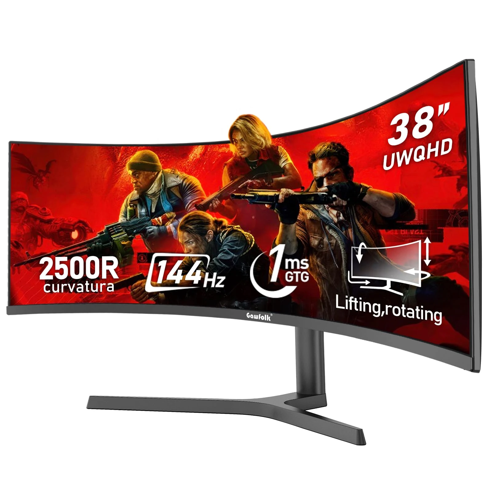 Gawfolk 38 Inch Ultrawide Curved 144Hz Gaming Computer Monitors 2500R PC screen 21:9 UWQHD (3840x1600) ,1ms,10bit,Freesync,Display PortHDMI 2.0,Liftable,Compatible with wall-mounted 100*100mm.-Black