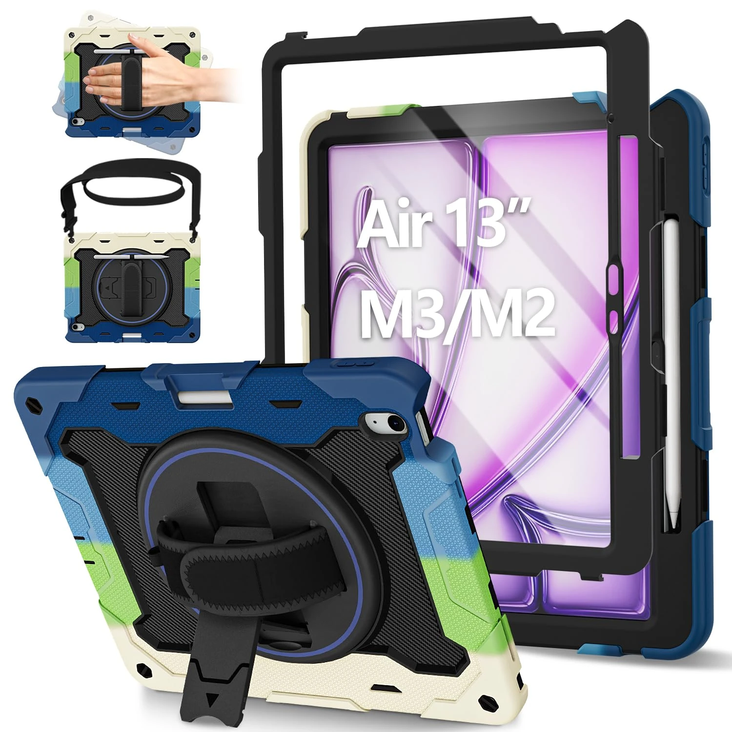 ROSROME for iPad Air 13 Inch Case 2025(M3)/2024(M2) with HD Screen Protector, Heavy Duty Full Body Shockproof Kids Cover with 360°Rotating Stand/Hand Strap/Shoulder Strap/Pencil Holder, Blue
