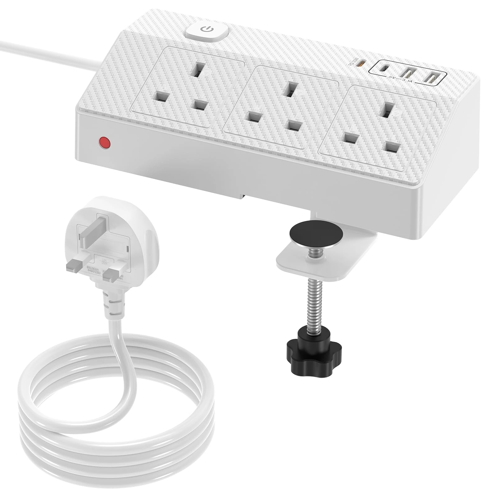 Desk Extension Lead with USB Slots, HAFINO PD 20W Fast Charging Power Station,1.8M Desk Power Socket 3 Way Power Socket with 4 USB Slots, Desktop Plug Socket with Removable Clamp for Home Office