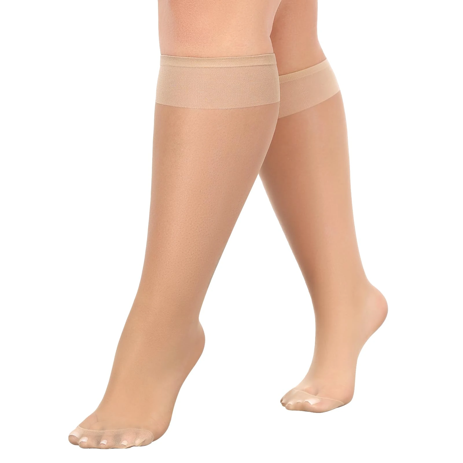 MANZI Knee High Socks Plus Size Sheer Nylon Wide Fit Stretch Knee Highs Set of 10 Natural