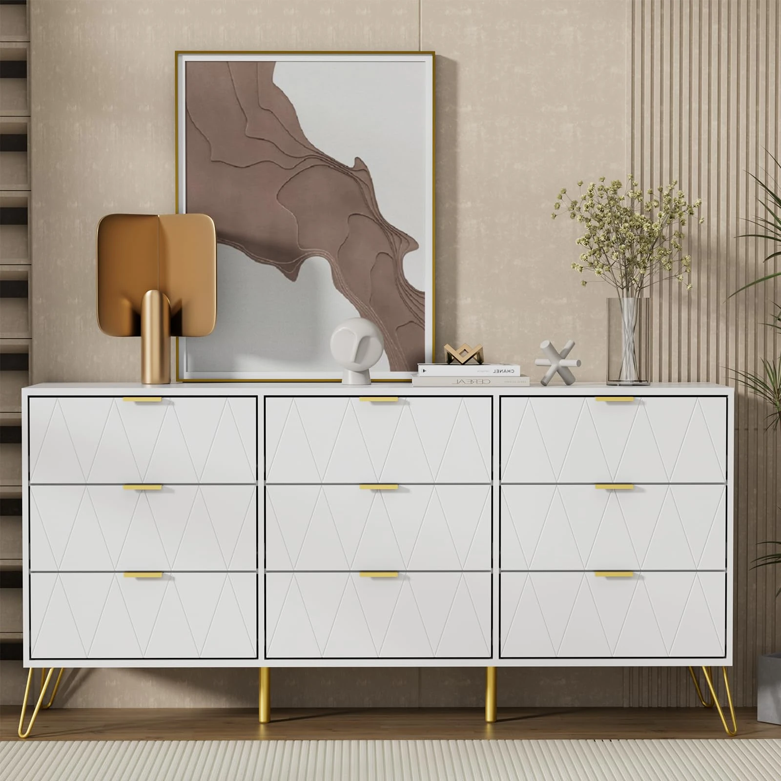 UEV 9 Drawer Chest of Drawers, White Storage Cabinet, Modern Scandinavian Style Dresser for Bedroom, Living Room, Hallway, 34D x 150W x 74H cm