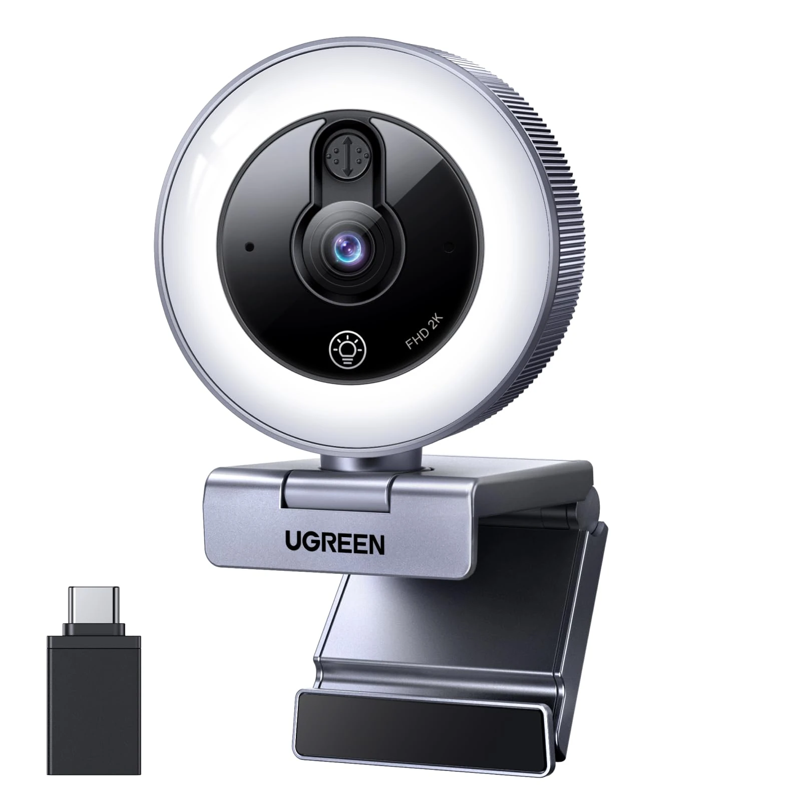 UGREEN 2K/30fps Webcam for PC, Full HD Webcam for Laptop, Noise Canceling Microphone, Adjustable Ring Light, USB Web Cam Camera for Live Streaming, Zoom Meeting, Skype, Video Calling, Conferences