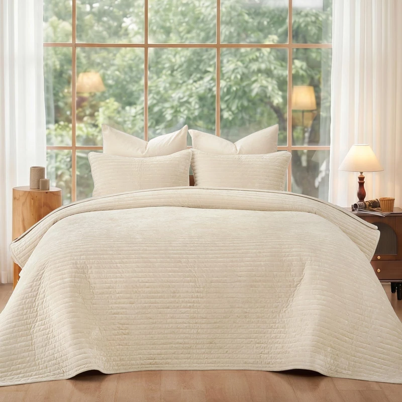 PHF Luxury Velvet Quilt Set Queen Size – 3PCS Ultra Soft Quilted Comforter Alternative with Striped Channel, Cozy Quilted Bedspread, 1 Coverlet with 2 Matching Shams, 90" x 92", Sand