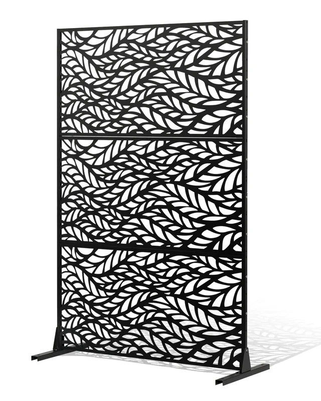 VEVOR Metal Privacy Screen, 47" W x 72" H, Outdoor Privacy Screens & Panels, Freestanding Outdoor Divider with Stand, 3-Panel Decorative Garden Steel Privacy Fence for Balcony Patio Indoor Room Black