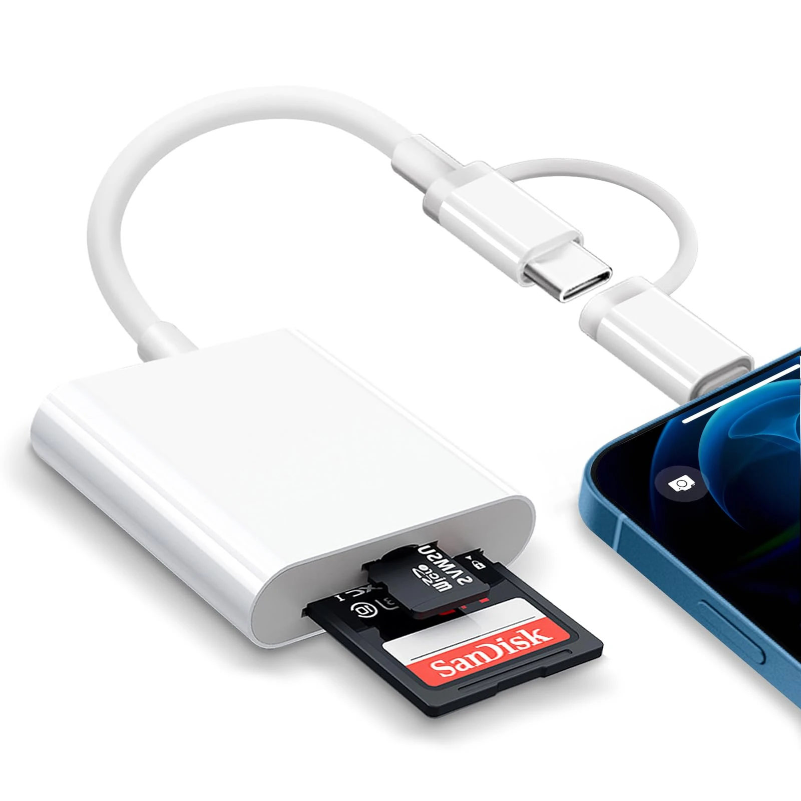 SD Card Reader for iPhone iPad, Sd Card to iPhone Dual Connectors Dual Slots Card Reader, Lightning USB C to MicroSD/SD Card Viewer Camera Memory Card OTG Adapter, Plug and Play