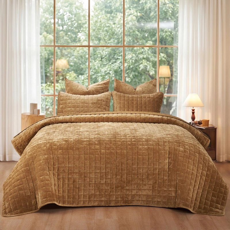 PHF Luxurious Velvet Quilt Set King Size -3PCS Super Soft with Square-Box Quilt Pattern, Breathable Quilted Bedspread, Giftable Coverlet, 108" x 92", Rusty Burnt Orange