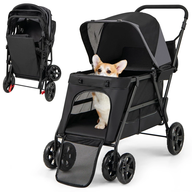 GYMAX Pet Stroller for Small Medium Dogs, Foldable Dog Pram Pushchair with Dual Entry, Ramp, Adjustable Canopy, Safety Belt, 4 Wheels Pet Travel Cart