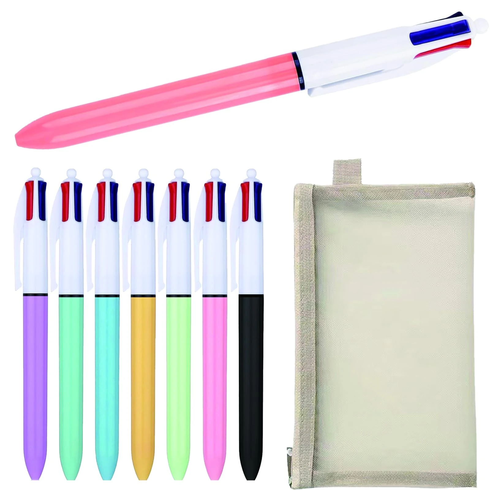 JISRKP 7-Pack Pens Multicolour, 4 Colour Pens All In One, Multi Functional Easy Carry Retractable Ballpoint Pens with Black, Blue, Red, and Green Ink for Office and School Supplies, with pouch