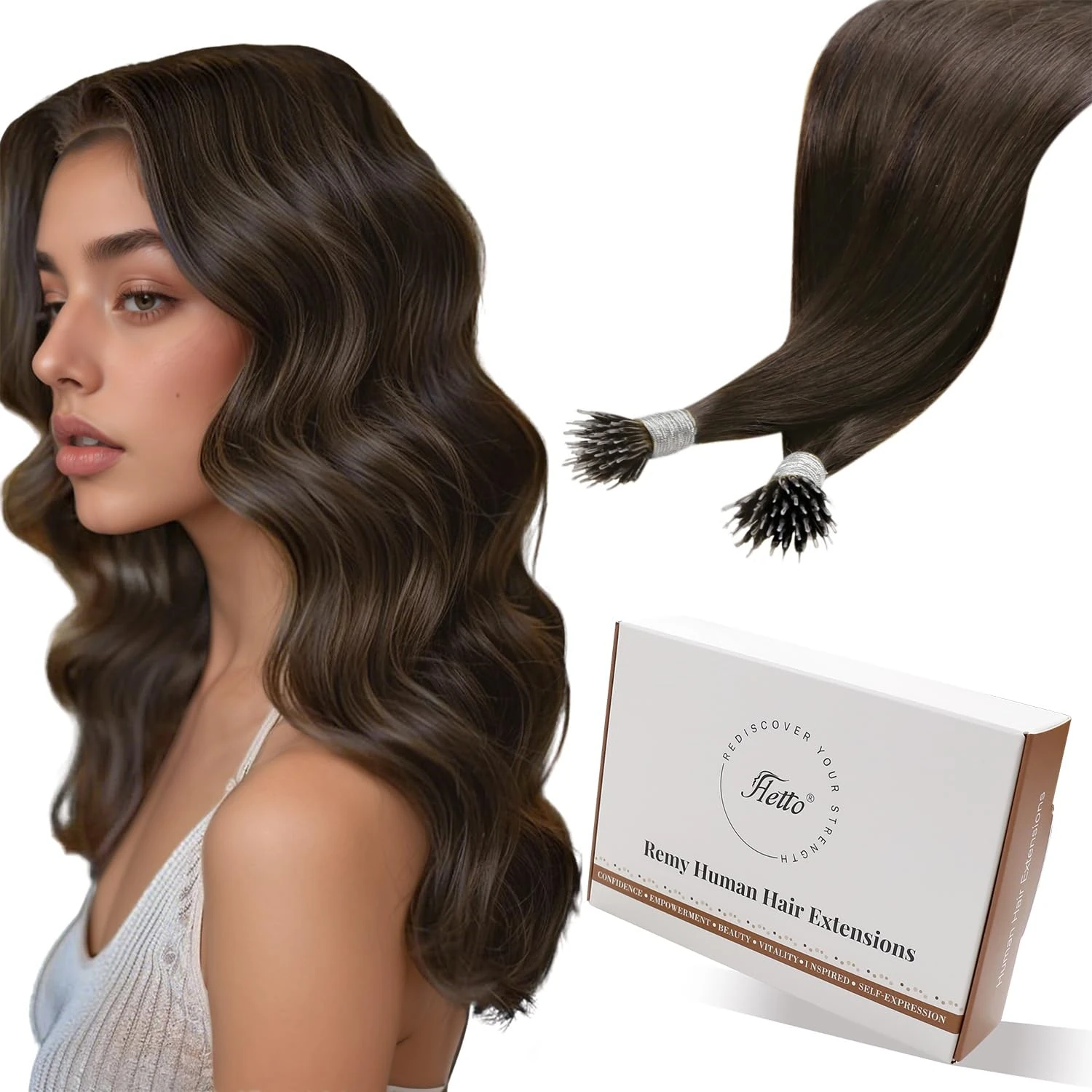 Hetto Nano Beads Hair Extensions Brown Nano Hair Extensions Real Human Hair Remy Invisible Nano Ring Extensions Cold Fusion 16 Inch 50s 50g #4