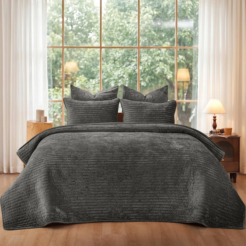 PHF Luxury Velvet Quilt Set Queen Size - 3PCS Ultra Soft with Striped Channel, Cozy Quilted Bedspread, Heirloom Gift, 1 Coverlet with 2 Matching Shams, 90" x 92", Grey